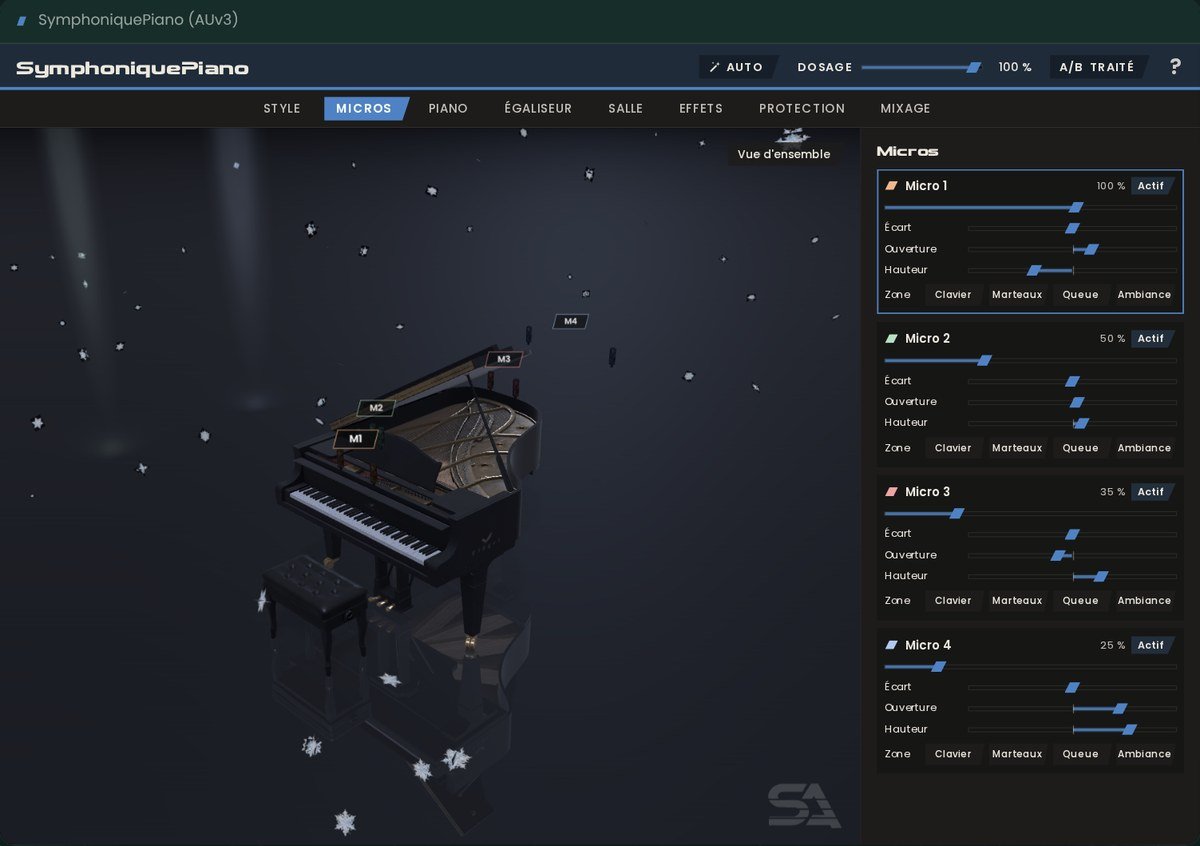 Interface de SymphoniquePiano : piano à queue en 3D et quatre micros