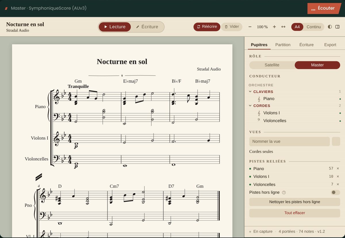 Interface de SymphoniqueScore : un conducteur gravé en temps réel