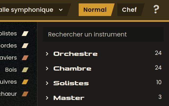 Liste des instruments de Philharmonia avec le champ Rechercher un instrument et les familles Orchestre, Chambre, Solistes et Master.