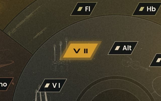 Étiquette jaune V II sélectionnée sur le plan de scène de Philharmonia, entre les étiquettes V I, Alt, Fl et Hb.