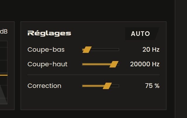 Panneau Réglages du module Égal de Philharmonia : coupe-bas à 20 Hz, coupe-haut à 20000 Hz, Correction à 75 %.