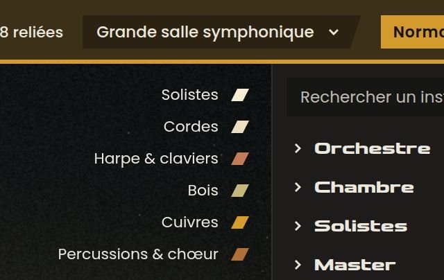 Menu de choix de la salle de Philharmonia affichant Grande salle symphonique, à côté du compteur 8 reliées.