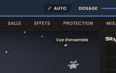 Barre supérieure de SymphoniquePiano avec le bouton AUTO, le curseur Dosage et les onglets Salle, Effets, Protection et Mixage