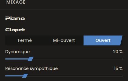Panneau Piano de SymphoniquePiano avec le choix du clapet Fermé, Mi-ouvert ou Ouvert, et les curseurs Dynamique et Résonance sympathique