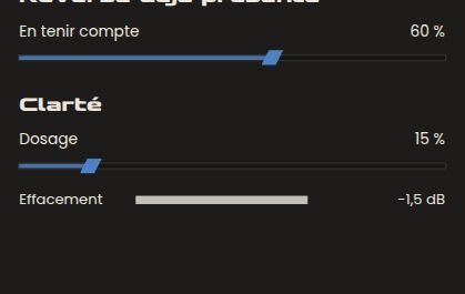 Réglages Réverbe déjà présente à 60 % et Clarté à 15 % dans SymphoniquePiano, avec l'indicateur d'effacement à -1,5 dB