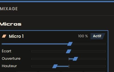 Réglages du Micro 1 dans SymphoniquePiano : niveau à 100 %, bouton Actif, curseurs Écart, Ouverture et Hauteur