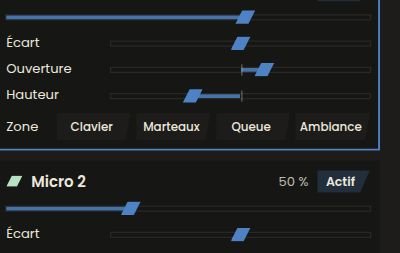 Réglages d'un micro dans SymphoniquePiano : curseurs Écart, Ouverture et Hauteur, boutons de zone Clavier, Marteaux, Queue et Ambiance, puis Micro 2 à 50 % actif
