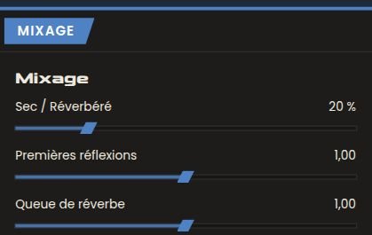 Onglet Mixage de SymphoniquePiano : Sec / Réverbéré à 20 %, Premières réflexions et Queue de réverbe à 1,00