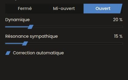 Onglet Piano de SymphoniquePiano : clapet Ouvert, Dynamique à 20 %, Résonance sympathique à 15 % et case Correction automatique