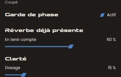 Onglet Protection de SymphoniquePiano : Garde de phase active, Réverbe déjà présente avec le curseur En tenir compte à 60 %, puis Clarté à 15 %