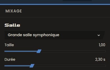 Onglet Salle de SymphoniquePiano : menu de salle sur Grande salle symphonique, curseurs Taille à 1,00 et Durée à 2,30 s