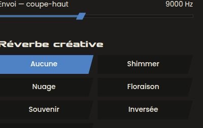 Choix de la réverbe créative dans SymphoniquePiano : Aucune, Shimmer, Nuage, Floraison, Souvenir et Inversée