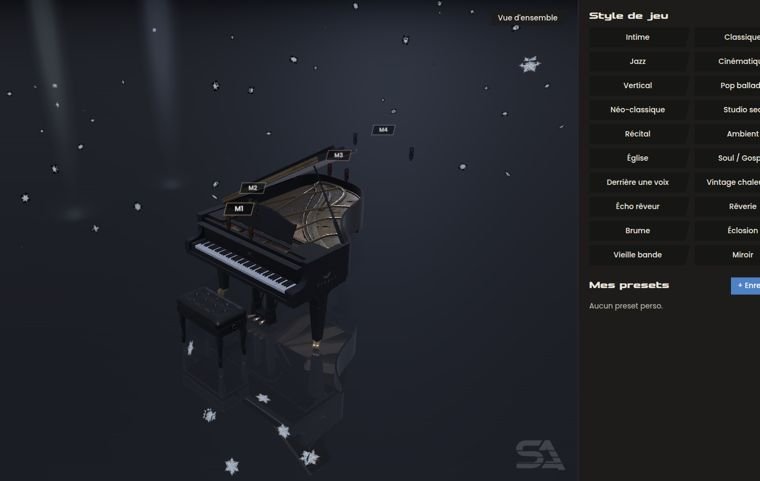 Scène 3D de SymphoniquePiano : un piano à queue vu de haut avec ses micros, et la liste des styles de jeu sur la droite