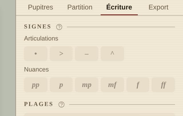 Bloc Signes du panneau Écriture de SymphoniqueScore : quatre boutons d'articulations (point, accent, trait, marcato) et six boutons de nuances pp, p, mp, mf, f, ff