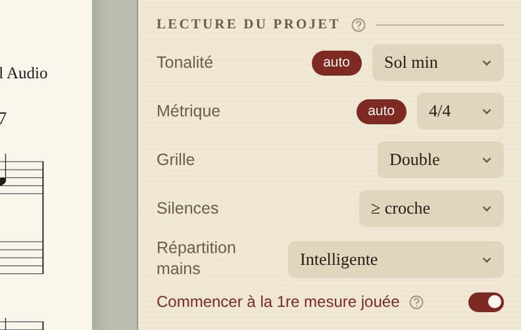Bloc Lecture du projet de SymphoniqueScore : Tonalité en auto sur Sol min, Métrique en auto sur 4/4, Grille sur Double, Silences sur au moins une croche, Répartition mains sur Intelligente, et l'interrupteur Commencer à la 1re mesure jouée activé