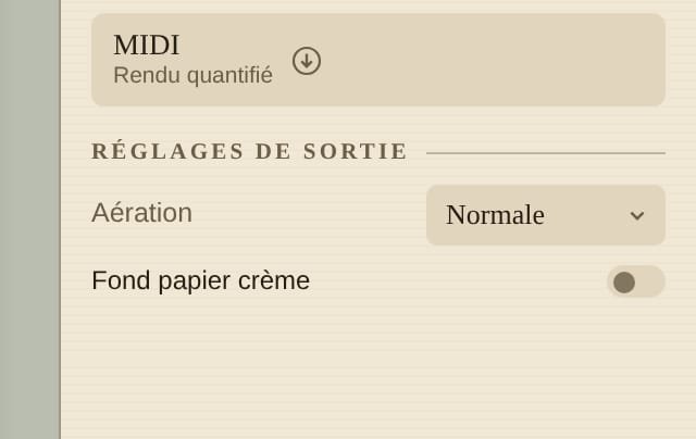 Bas du panneau Export de SymphoniqueScore : le bouton MIDI rendu quantifié, puis Réglages de sortie avec Aération sur Normale et l'interrupteur Fond papier crème
