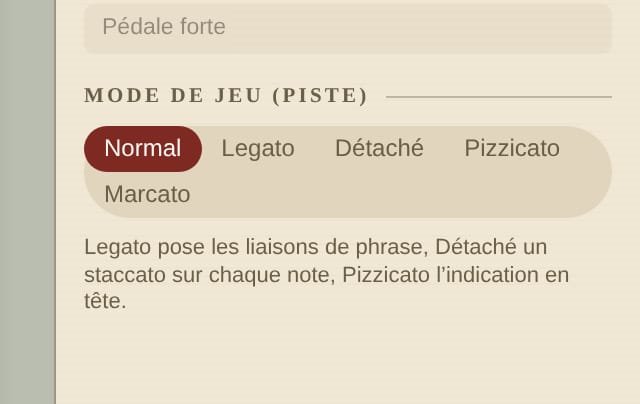 Bas du panneau Écriture de SymphoniqueScore : le bouton Pédale forte, puis Mode de jeu de la piste avec Normal sélectionné, Legato, Détaché, Pizzicato et Marcato, et leur explication