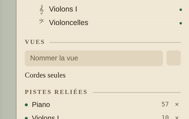Panneau de SymphoniqueScore montrant les pistes Violons I et Violoncelles, le bloc Vues avec le champ Nommer la vue et la vue Cordes seules, puis le début de la liste Pistes reliées avec Piano à 57 notes