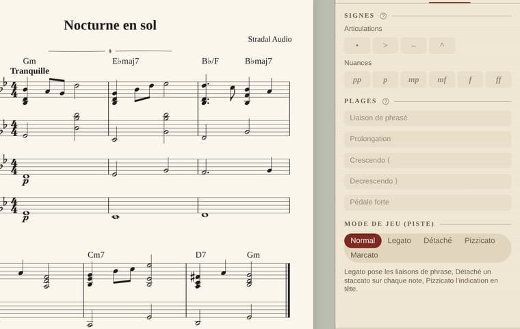 Mode Écriture de SymphoniqueScore : la partition Nocturne en sol à gauche et, à droite, le panneau Écriture avec les blocs Signes, Plages et Mode de jeu