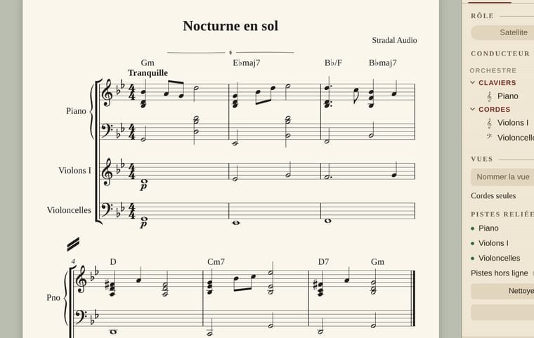 Conducteur Nocturne en sol gravé par SymphoniqueScore : piano sur deux portées reliées par une accolade, violons I et violoncelles reliés par un crochet, accords chiffrés au-dessus et indication Tranquille